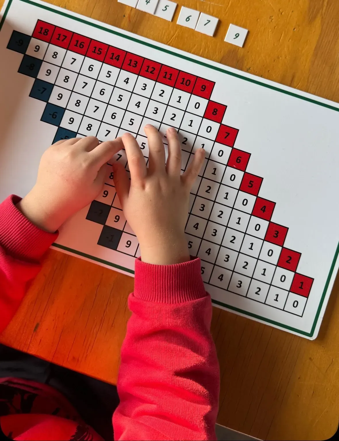 Montessori çıkarma şerit tahtası ve bir çocuğun eli